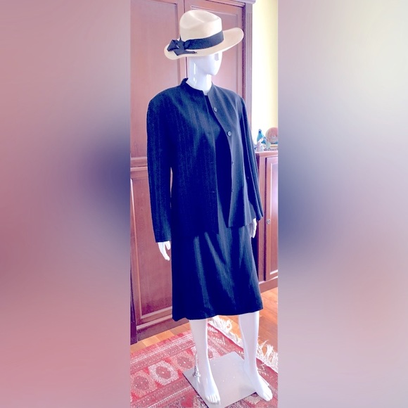 Anne Klein Navy blue striped wool pencil dress at knee & jacket 2 Pc suit US 12 - Picture 2 of 13